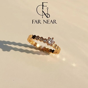 蜂巢锆石素圈戒指满钻爆闪FAR NEAR小众高级感V金叠戴指环玫瑰金