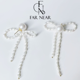 蝴蝶结珍珠耳环FAR s925耳饰 NEAR天然淡水轻奢小众不对称流苏长款