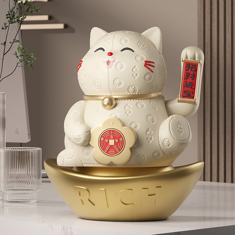 转运招财猫摆件自动招手皮质纹存钱罐店铺前台喜庆发财猫开业礼物
