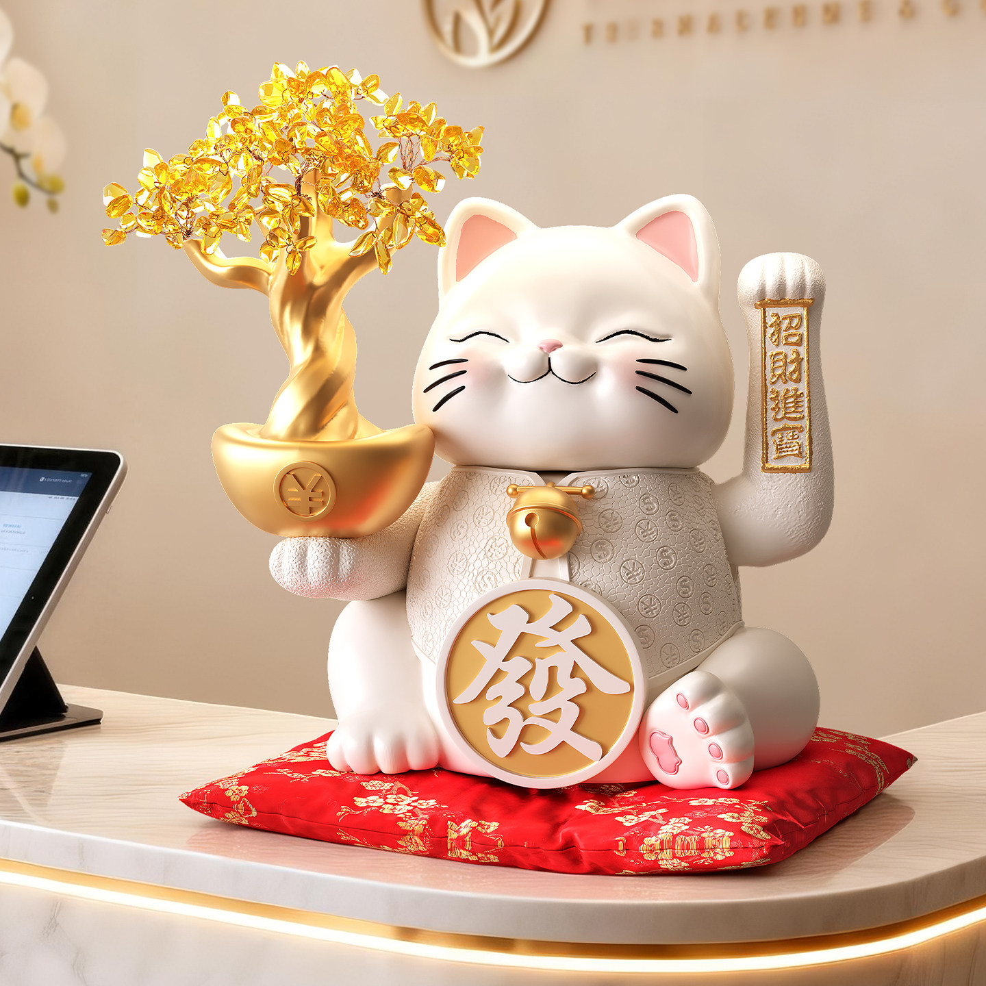 可爱招财猫摆件自动招手店铺前台招财水晶发财树送朋友开业礼物