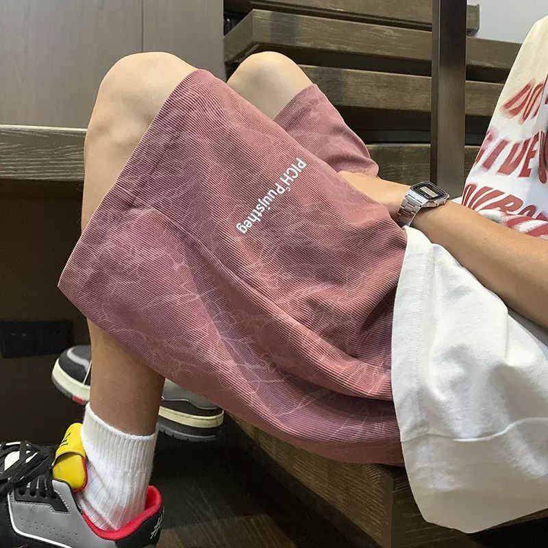 美式扎染大码粉色休闲短裤男士夏季薄款超大码情侣宽松百搭五分裤