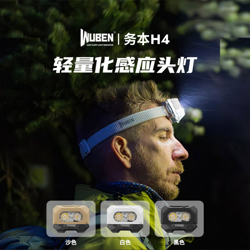 务本H4感应头灯LED强光超长续航徒步登山钓鱼轻量化户外夜跑专用