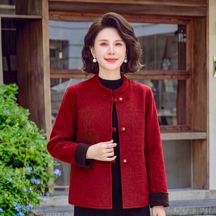 妈妈秋装外套洋气休闲上衣2026新款中老年女装春秋时尚毛呢夹克衫