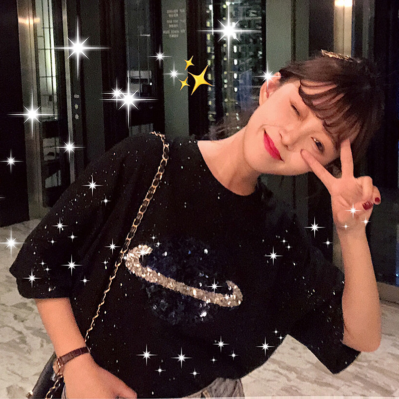短袖衫闪闪黑色女T恤女打底韩版上衣宽松blingbling洋气亮片显瘦