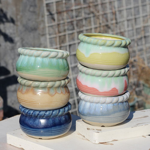 窑变流釉陶瓷多肉花盆花边猫眼简约透气创意冰裂粗陶盆奶油治愈风