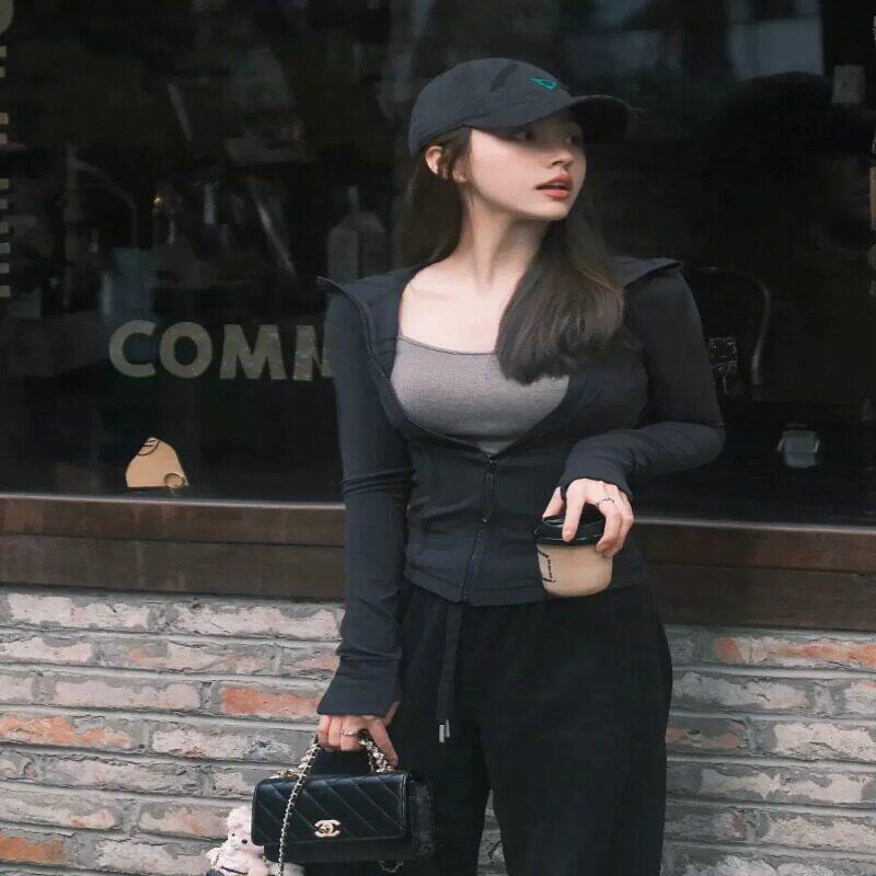 黑色冰丝防晒遮阳上衣女夏季薄款透气修身显瘦连帽运动瑜伽服外套