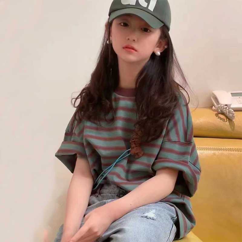 女童短袖条纹圆领t恤棉质夏新款