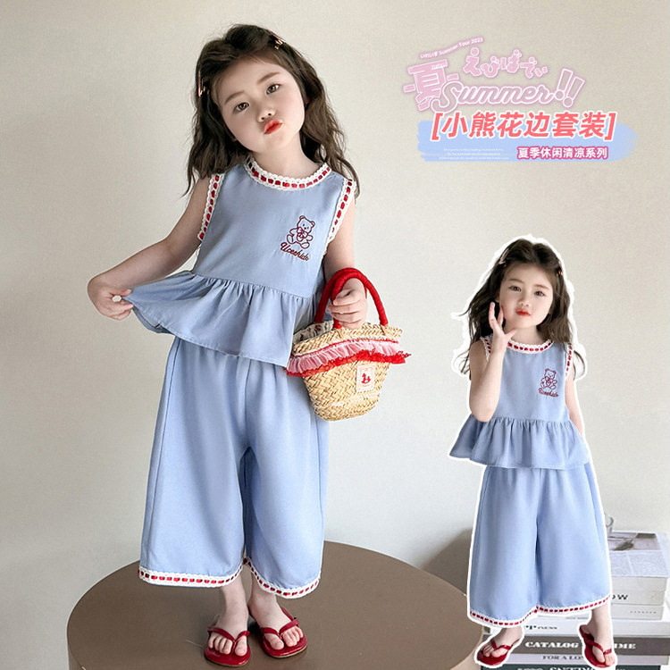 品牌专柜女小童花边套装夏季新款