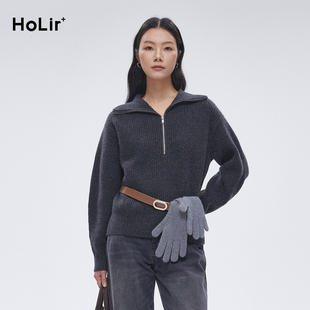 洪陵「2030系列」羊绒长袖翻领羊毛半拉链套头衫