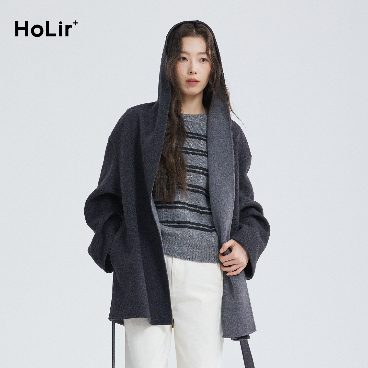 洪陵经典山羊绒羊毛连帽一手长简约百搭女装中长款大衣