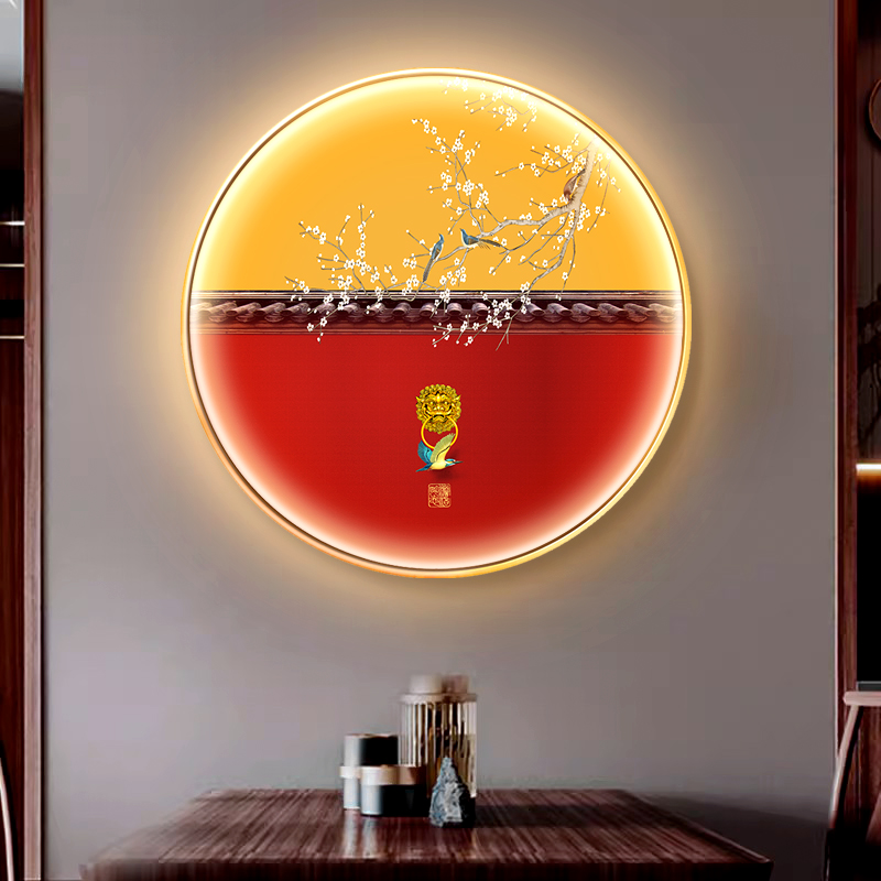 新中式国潮风花鸟宫廷圆形带灯灯画装饰画玄关客厅书房茶室挂画