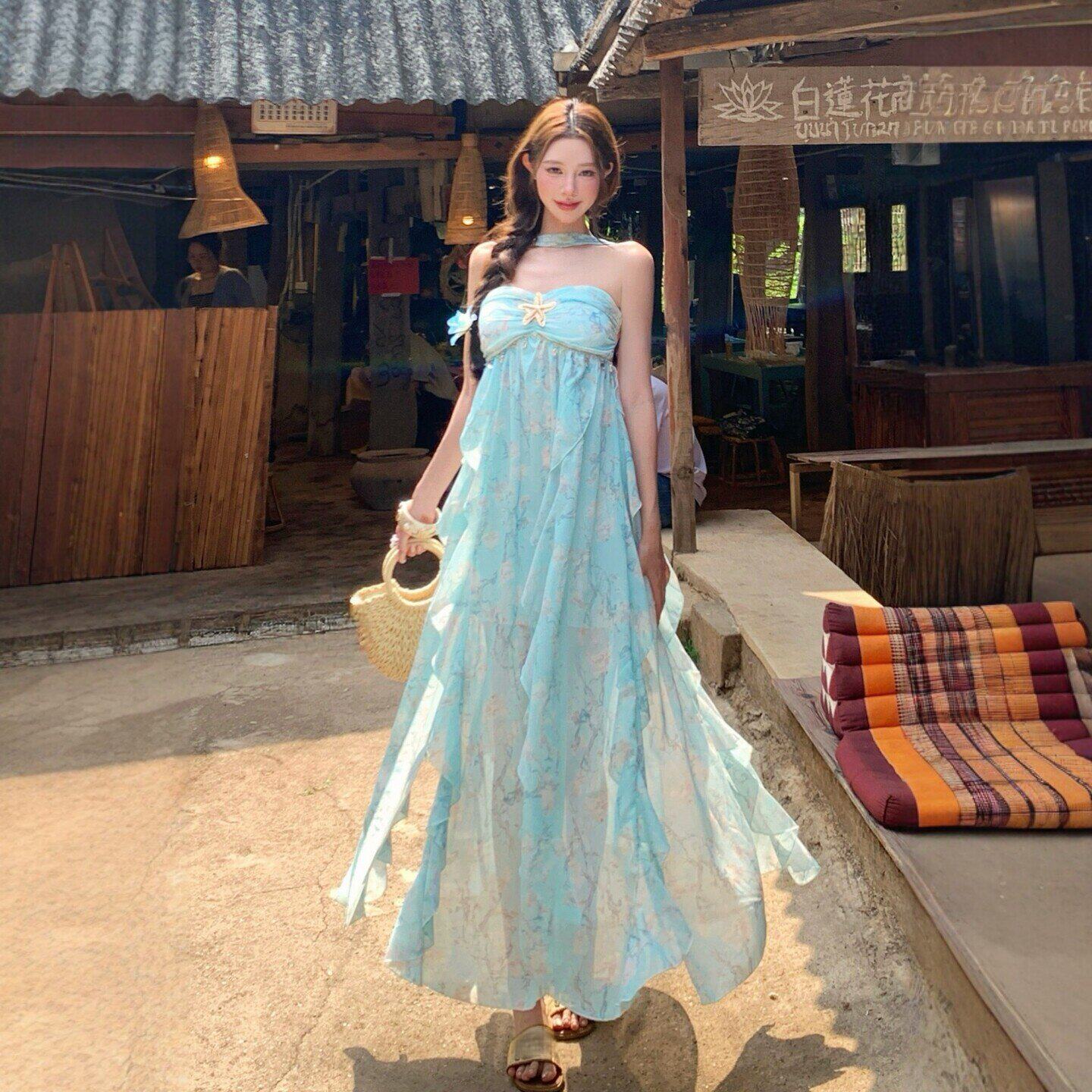 专柜旅游穿搭度假风超好看的抹胸碎花沙滩长裙绝美不撞款连衣裙26