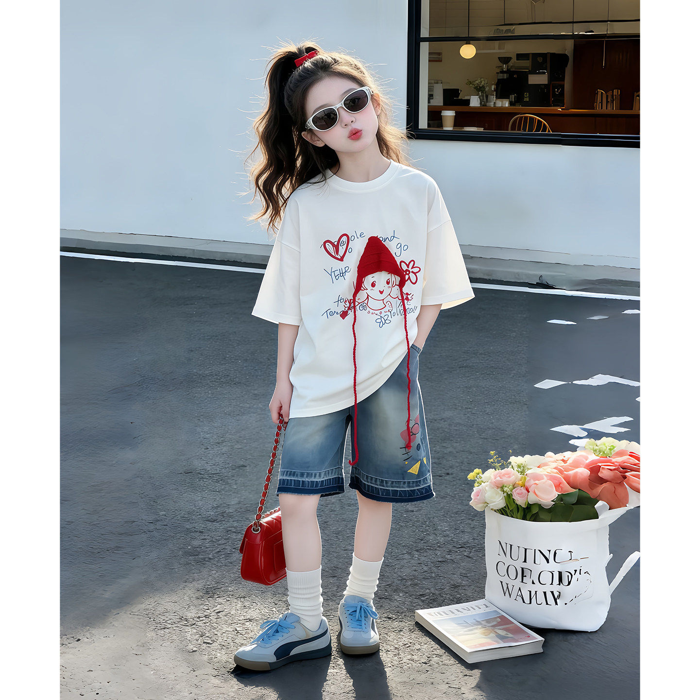 女童夏装短袖套装2026新款中大童薄款夏季女孩洋气牛仔短裤两件套