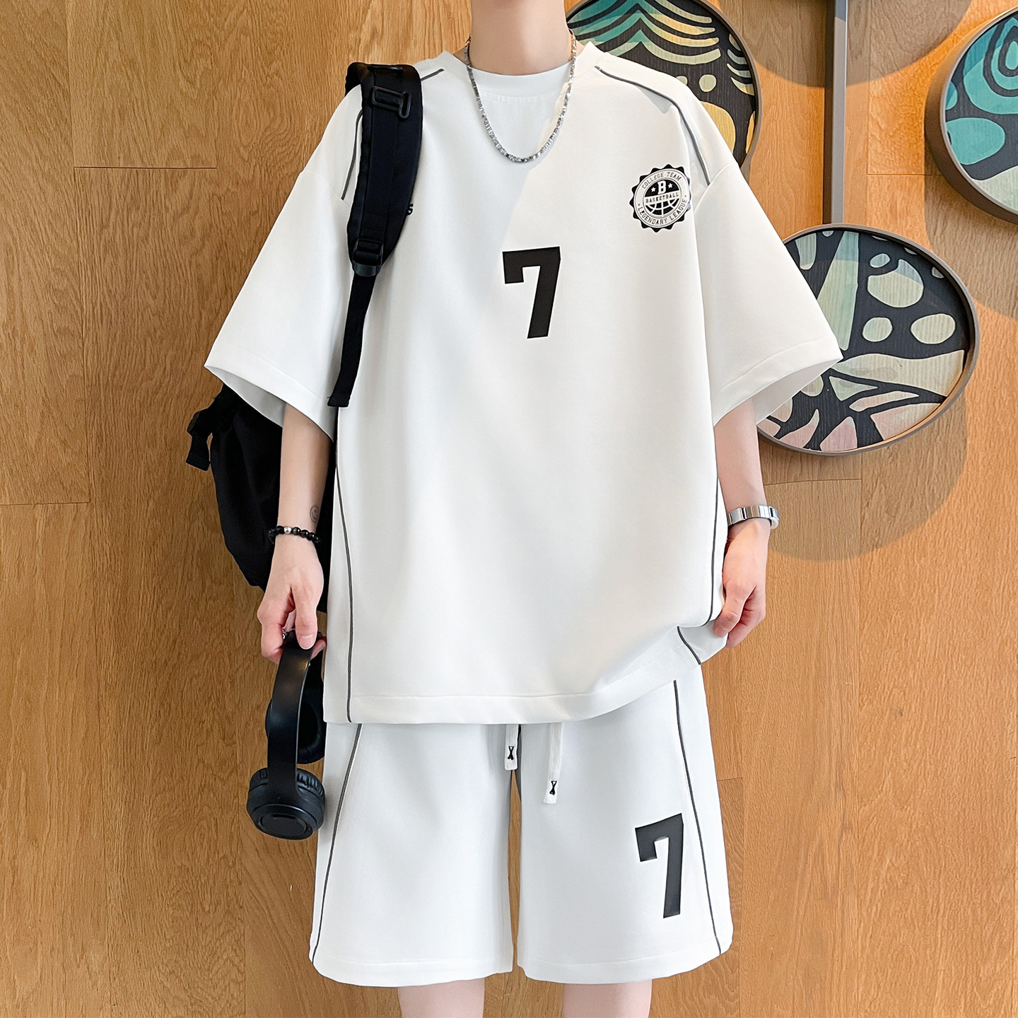 专柜休闲运动套装男夏季冰丝短袖短裤两件套青少年帅气学院风穿搭