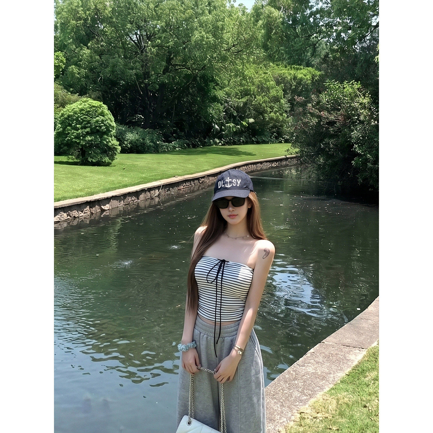 专柜韩系条纹无袖抹胸背心女夏外穿辣妹系带修身显瘦短款上衣