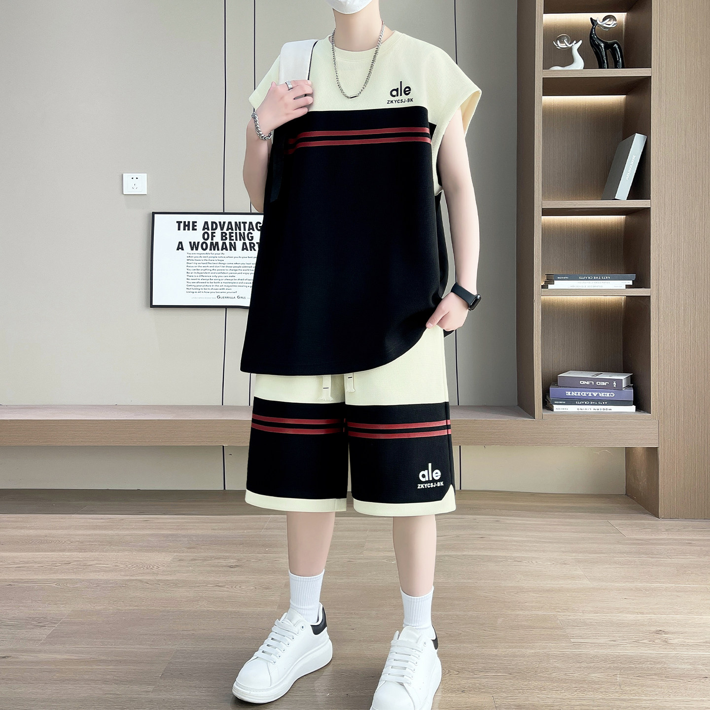 专柜无袖背心套装男夏季新款撞色拼接休闲运动两件套青少年穿搭一