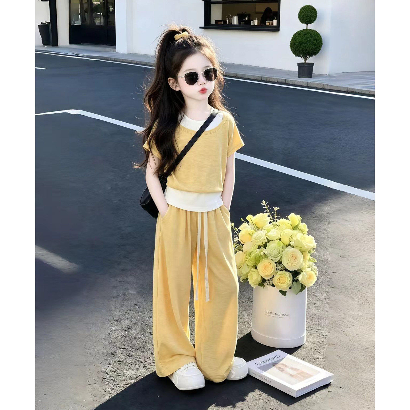 女童短袖套装夏2026新款儿童洋气时髦韩系裤子女孩大童假两件t恤