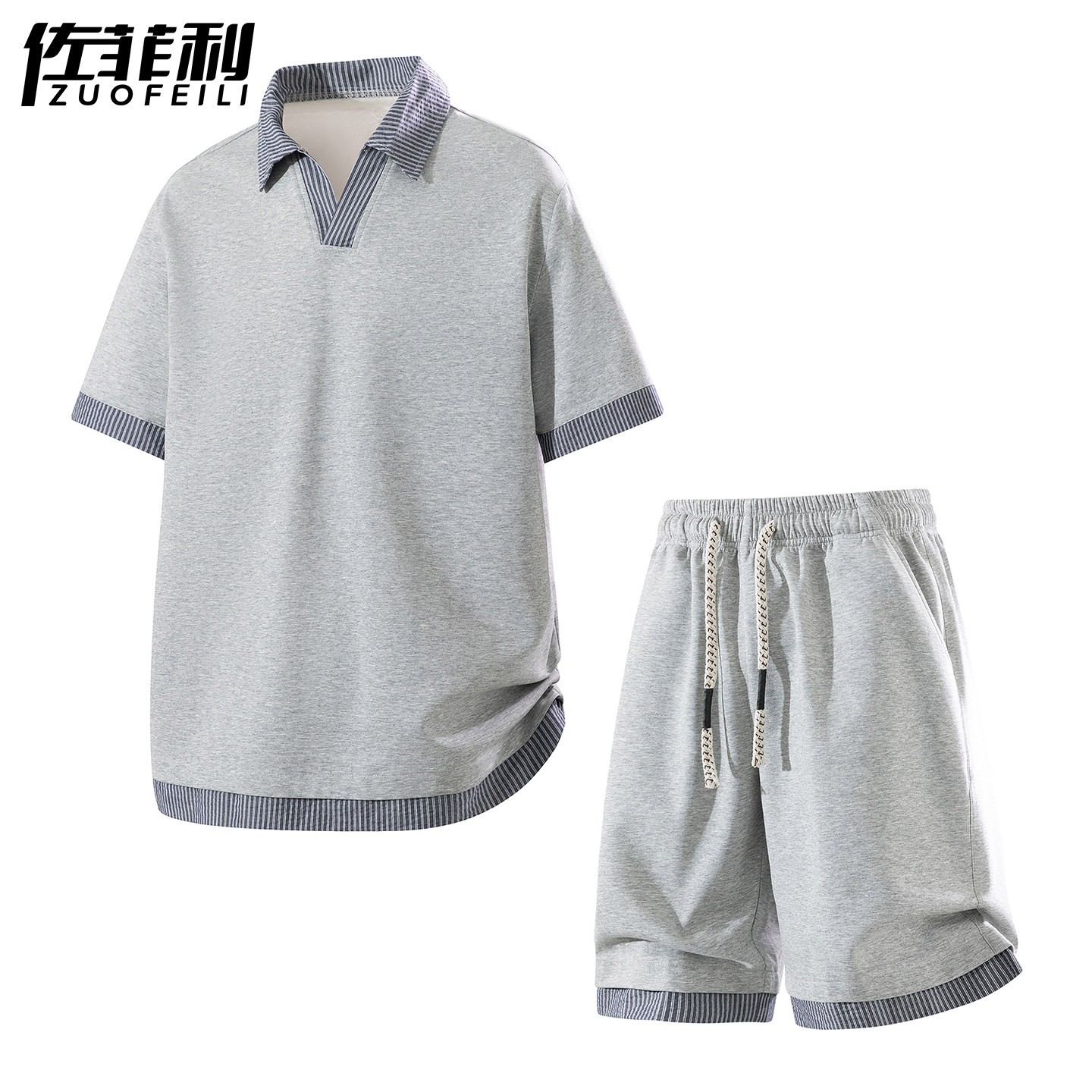 专柜假两件Polo领短袖套装男夏季美式学院风短裤两件套男生穿搭一