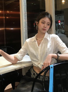 专柜白色Polo领中袖衬衫女夏季韩版松驰感高智感气质衬衣修身收腰