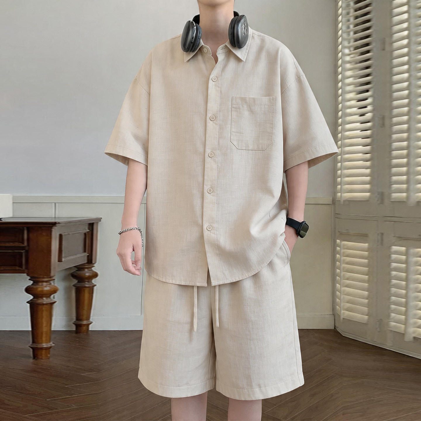 专柜短袖衬衫套装男夏季新款老钱风冰丝半袖衬衣两件套青少年穿搭