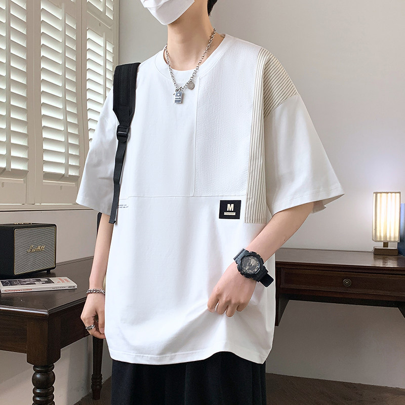 专柜重磅短袖t恤男夏季美式宽松半袖上衣服男士潮牌帅气拼接休闲