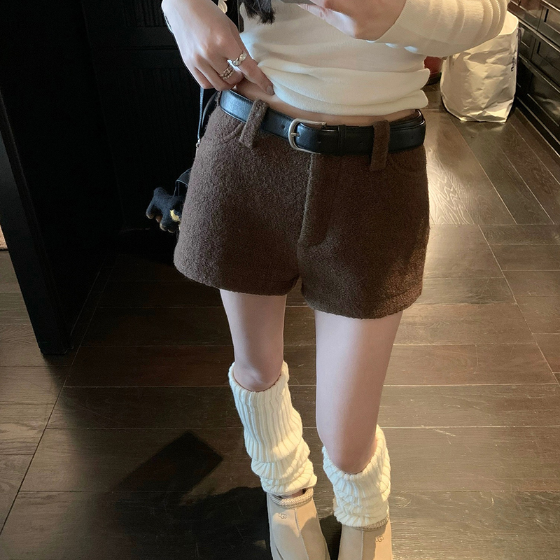 法式复古毛呢咖棕色短裤女A字型高腰显瘦呢子靴裤加厚直筒裤秋冬