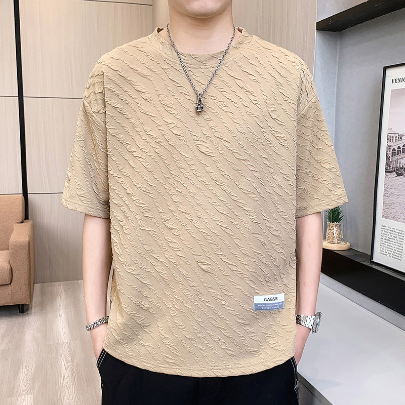 专柜纹理感褶皱冰丝短袖t恤男士夏季韩版潮流半袖男青少年圆领体