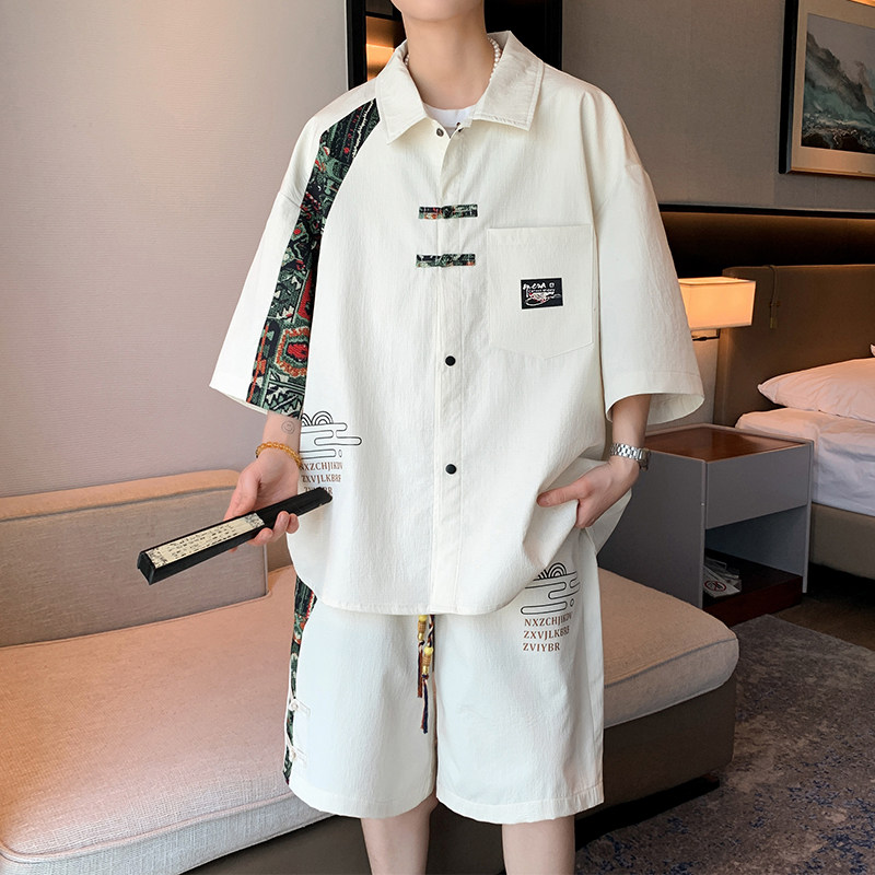 专柜新中式短袖短裤套装男2025新款夏季冰丝休闲七分袖衬衫男一套