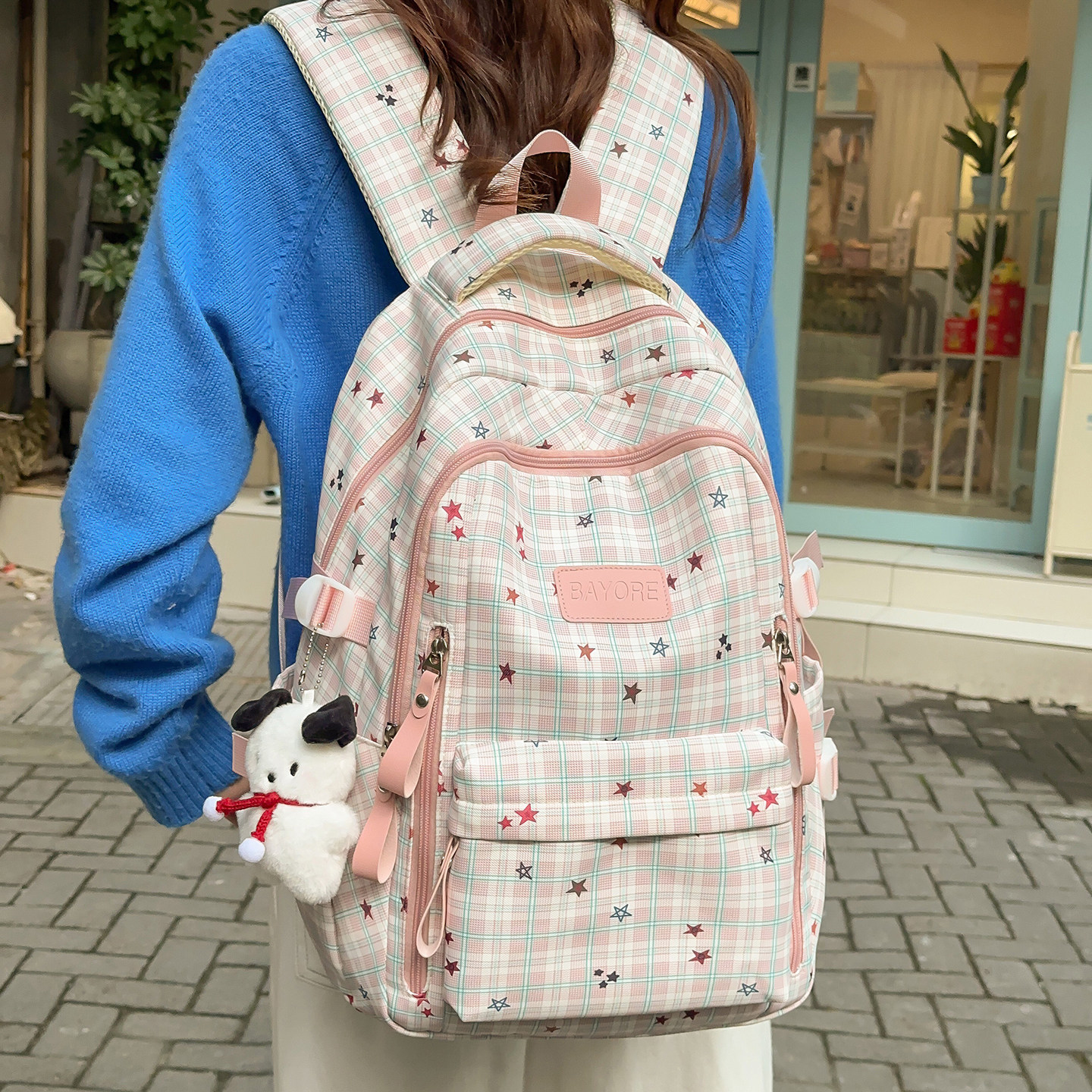 专柜书包女复古格纹星星小学生双肩包女大容量轻便书包韩版初中生