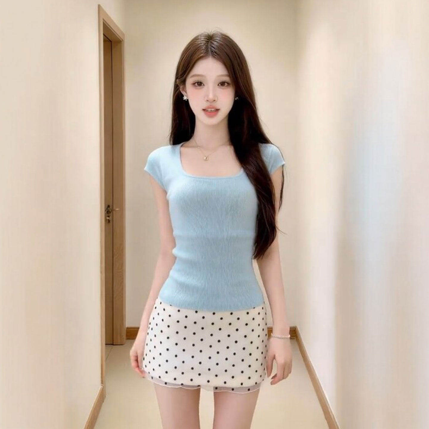 专柜减龄一整套ootd穿搭温柔风甜美上衣波点半身裙两件套装裙2026