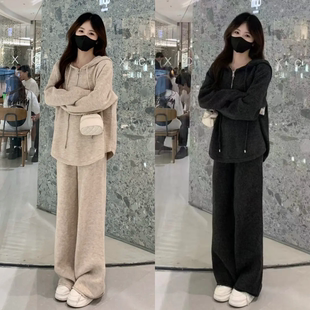 针织套装 两件套小个子时尚 连帽毛衣阔腿裤 一整套秋冬穿搭2025新款