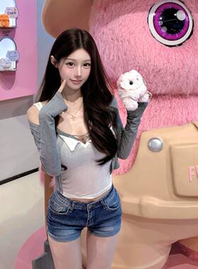 专柜韩系漂亮独特开衫白色背心内搭三件套装巨好看的穿搭一整套26