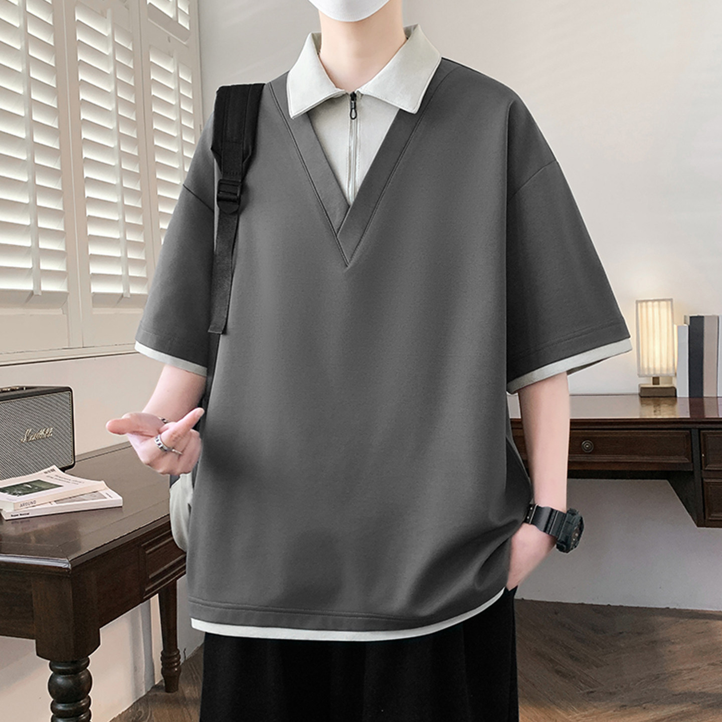专柜7A抗菌短袖男夏季新款宽松假两件上衣服t恤男透气撞色POLO体