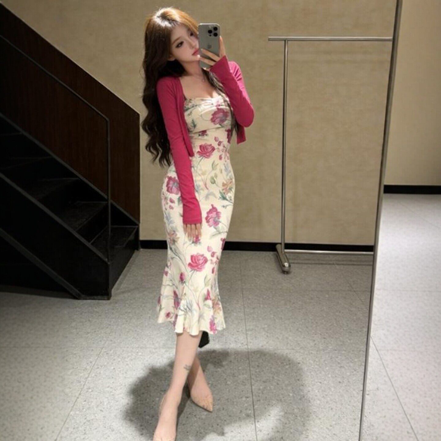 专柜复古御姐风超好看开衫印花连衣裙两件套小众时尚修身包臀裙26