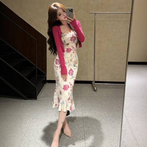 专柜复古御姐风超好看开衫印花连衣裙两件套小众时尚修身包臀裙26