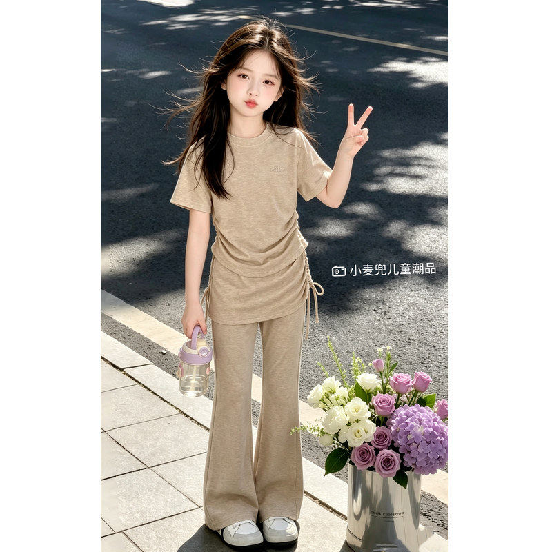女童夏装套装2026新款大童冰丝短袖喇叭裤儿童薄款屁帘裤子两件套