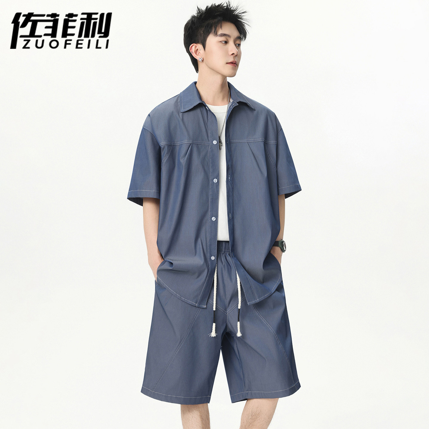 专柜美式风休闲套装男夏季新款冰丝透气宽松痞帅短袖衬衫短裤两件