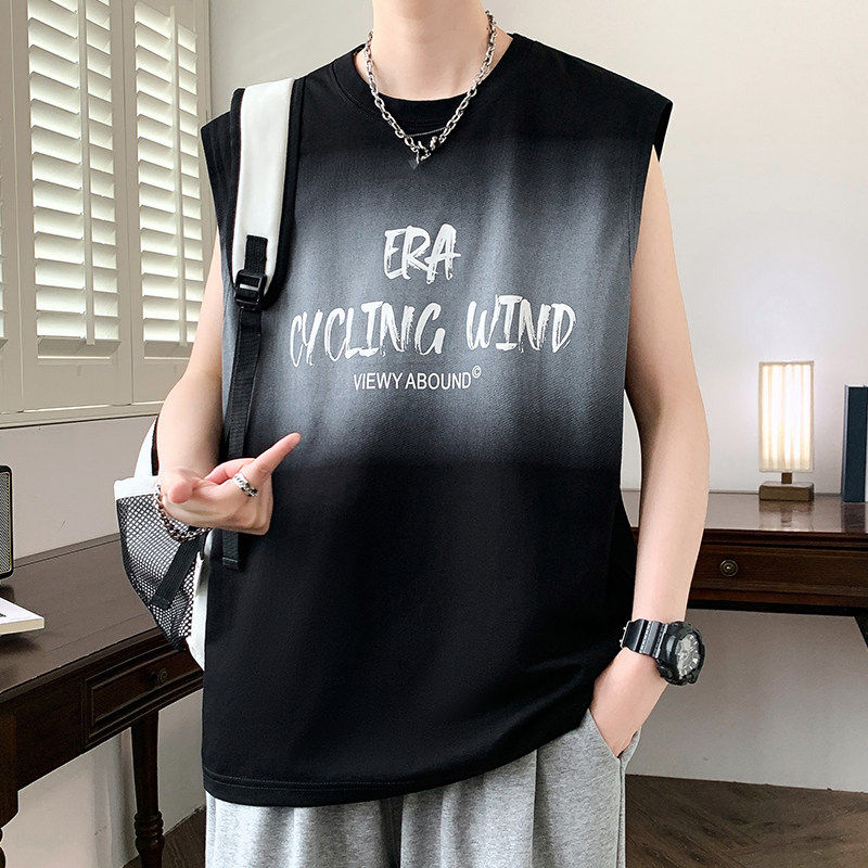 专柜渐变色背心男夏季字母印花无袖t恤男潮牌坎肩青少年美式运动