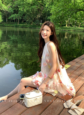 专柜  花间漫舞 白色立体花朵连衣裙女夏法式甜美显瘦短裙