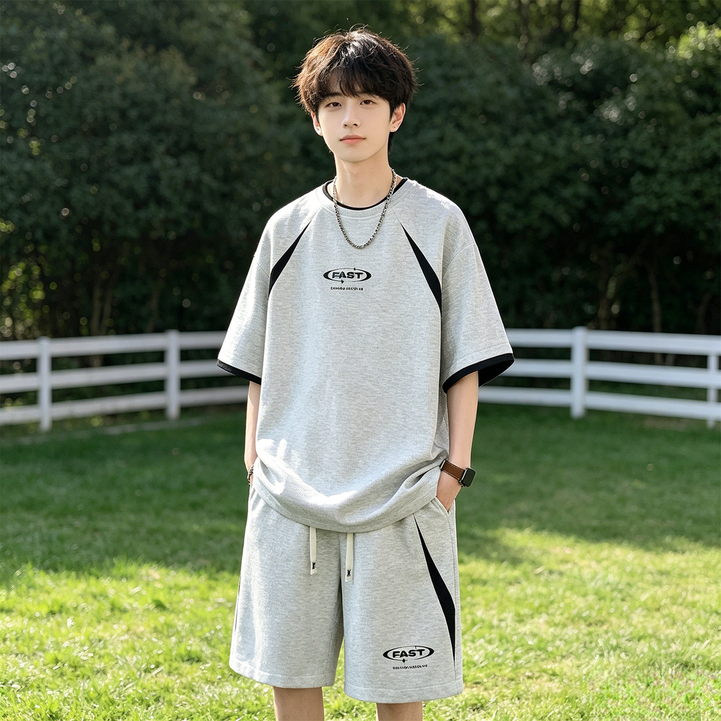 专柜美式风休闲运动套装男夏季宽松短袖短裤男装青少年潮流帅气两