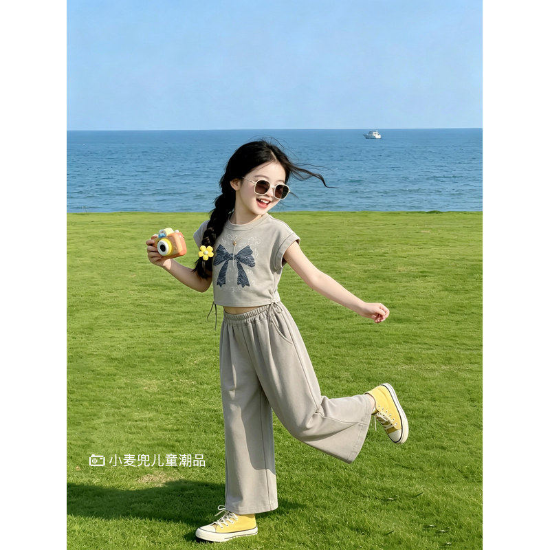 女童超好看夏季运动套装2026新款儿童蝴蝶结短袖T恤薄款阔腿裤子
