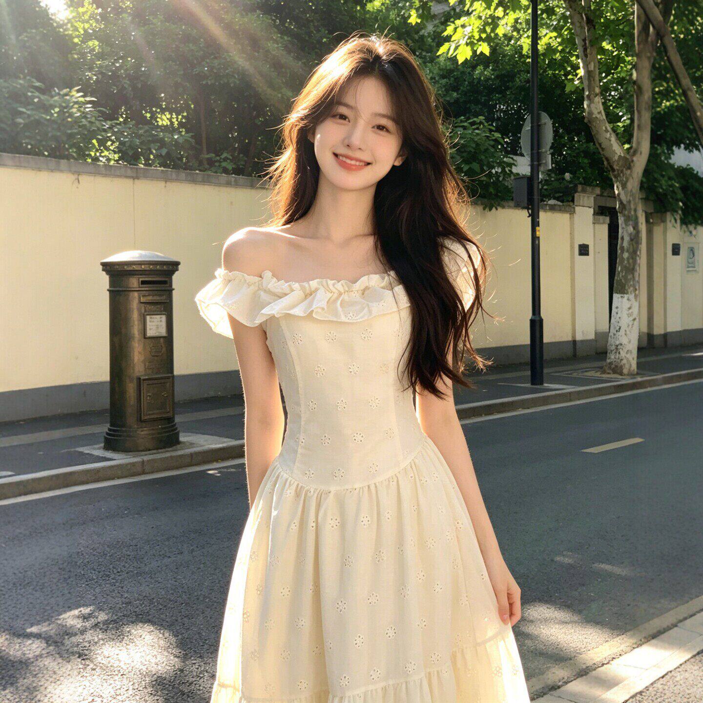 专柜26夏季氛围感穿搭独特超好看的一字肩收腰显瘦仙女长裙女士连