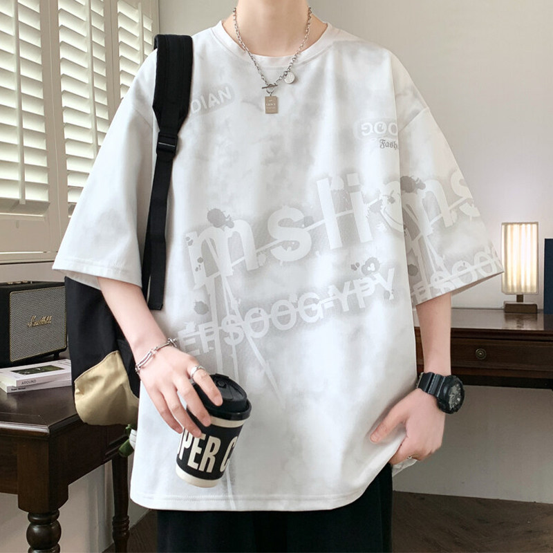 专柜美式短袖男夏季落肩袖宽松T恤男半袖上衣服青少年潮牌印花T恤