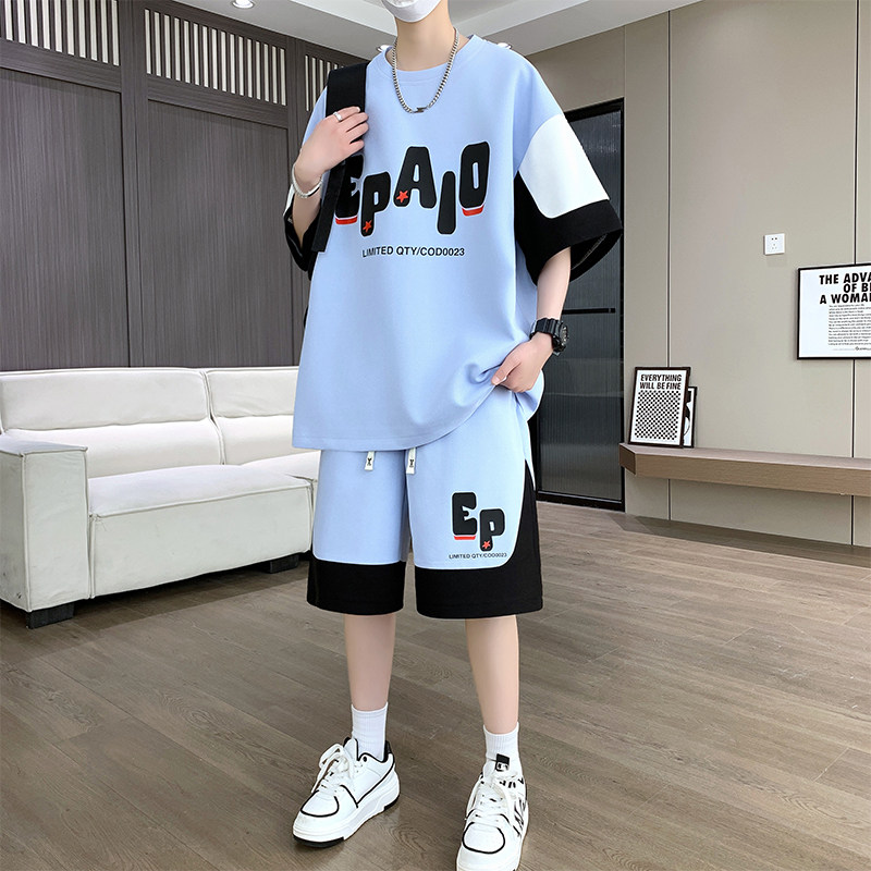 专柜男士运动套装夏季潮流帅气撞色篮球服青少年宽松透气短袖短裤