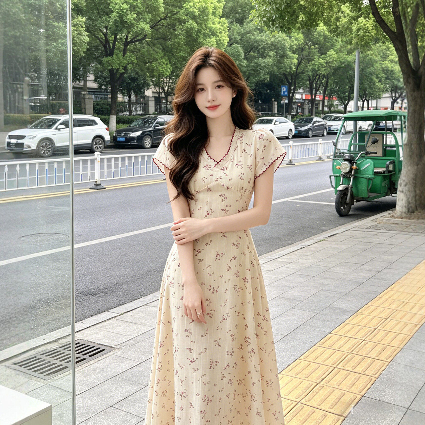 专柜温柔风独特超好看的V领碎花茶歇连衣裙绝美不撞款长裙子2026