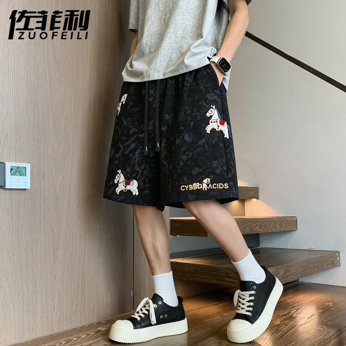 专柜美式扎染短裤男夏季潮牌宽松小马刺绣五分裤子男帅气休闲运动