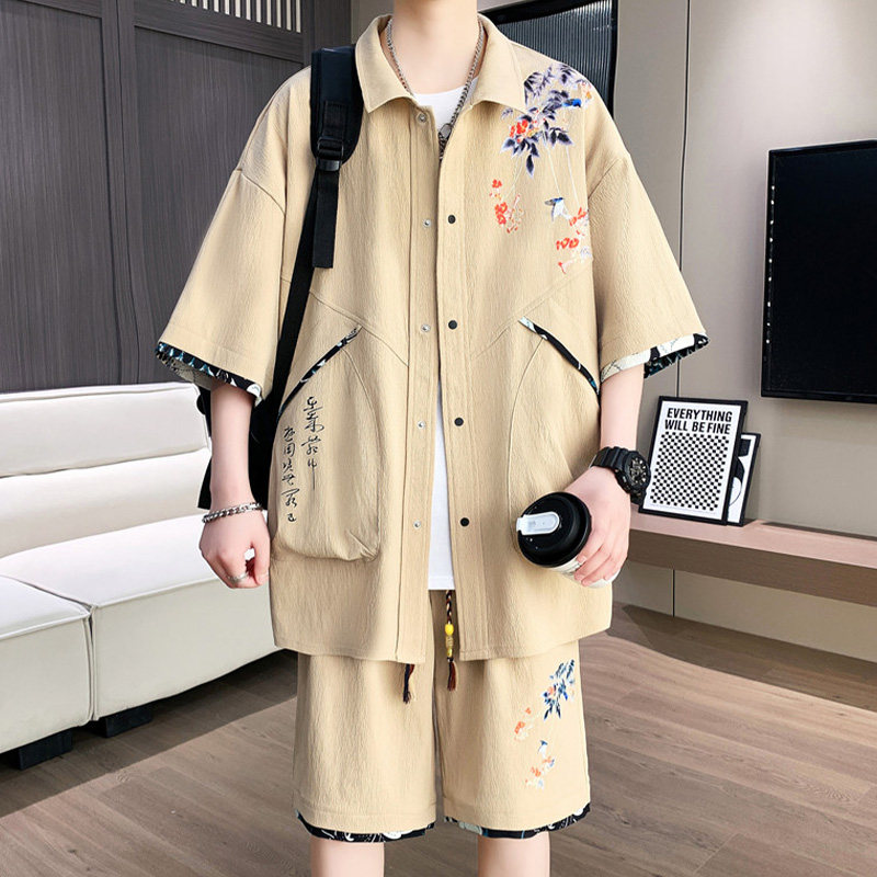 专柜新中式短袖短裤套装男夏季冰丝休闲衬衫男生新款一套衣服搭配