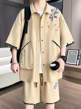 专柜新中式短袖短裤套装男夏季冰丝休闲衬衫男生新款一套衣服搭配