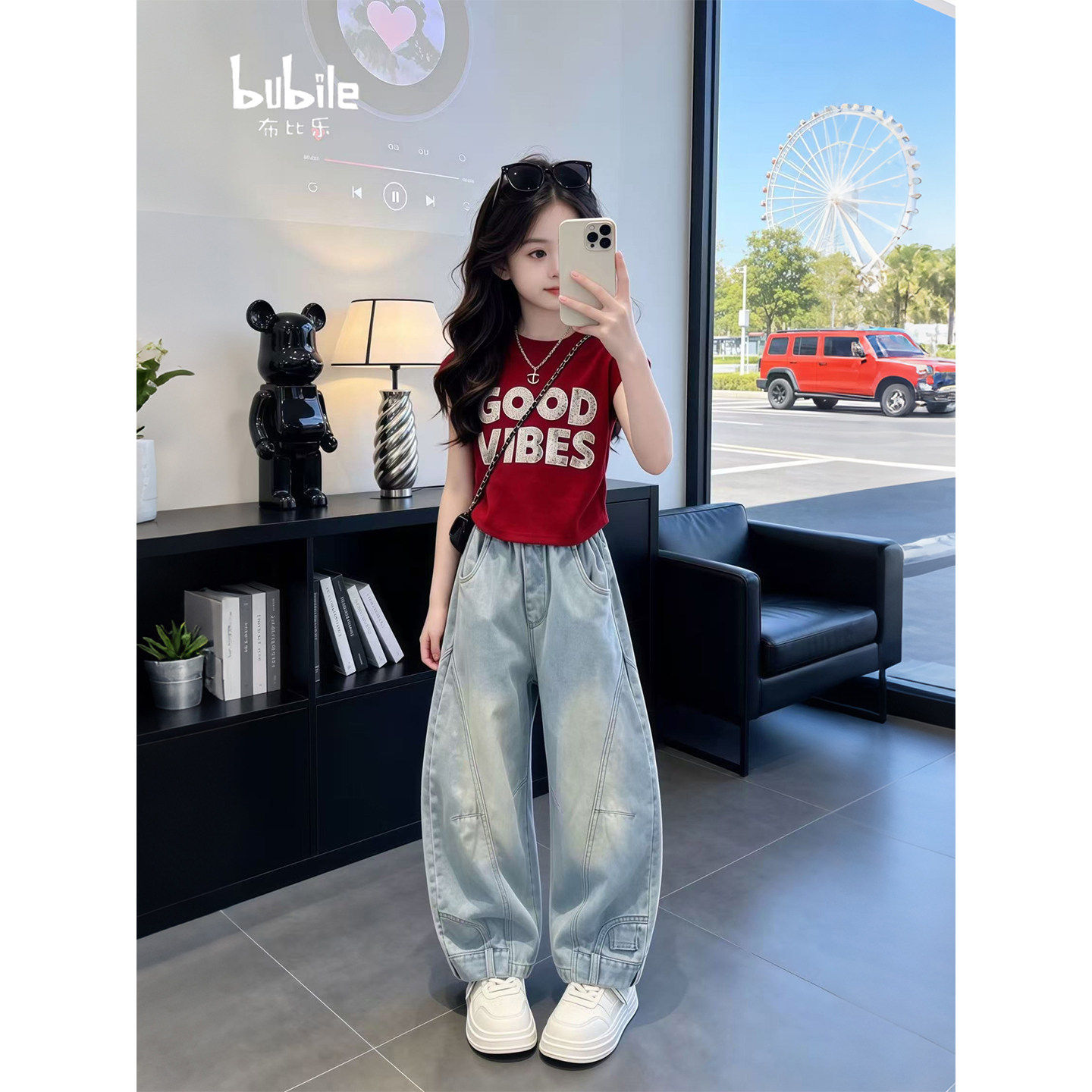 女童牛仔裤套装夏2026新款薄款儿童夏装宽松弯刀裤初中生夏季裤子