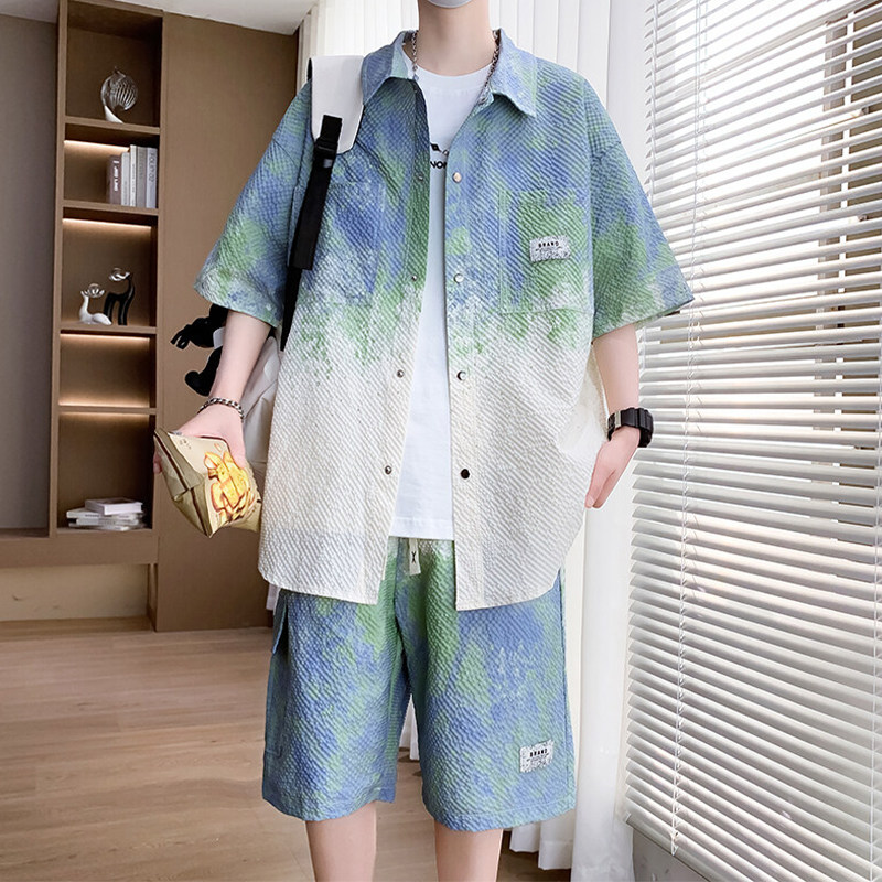 专柜渐变衬衫套装男士夏季新款高级感印花冰丝短袖短裤两件套帅气